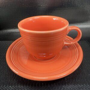 Fiestaware USA Pottery Persimmon Red Teacup And Saucer Set Stoneware Vintage